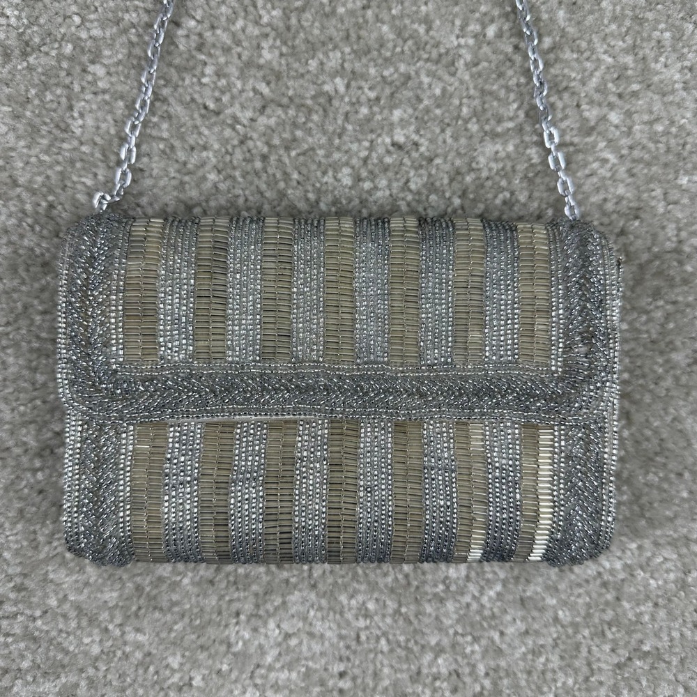 Walborg Vintage Hand Beaded Silver Striped Evening Clutch Bag 1950s/60s Art Deco